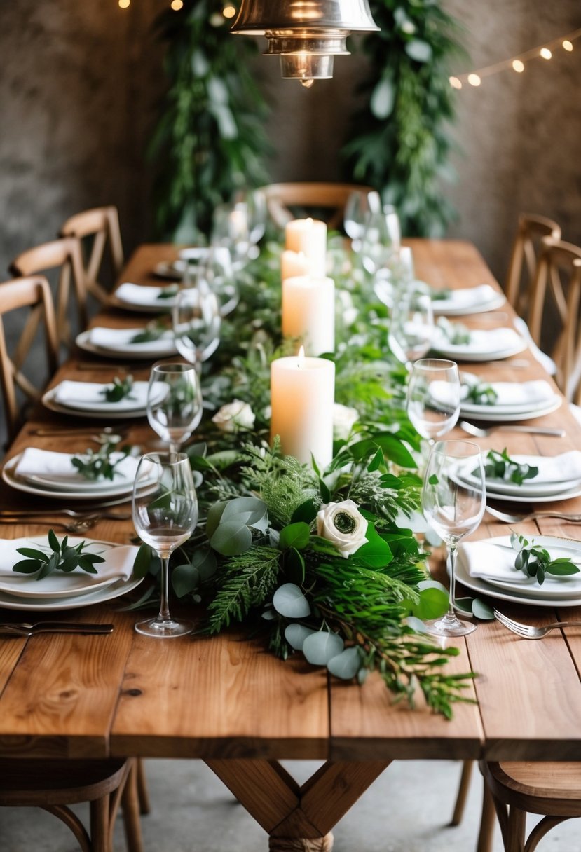 A wooden table adorned with lush greenery garlands and vintage rustic decor for a wedding celebration