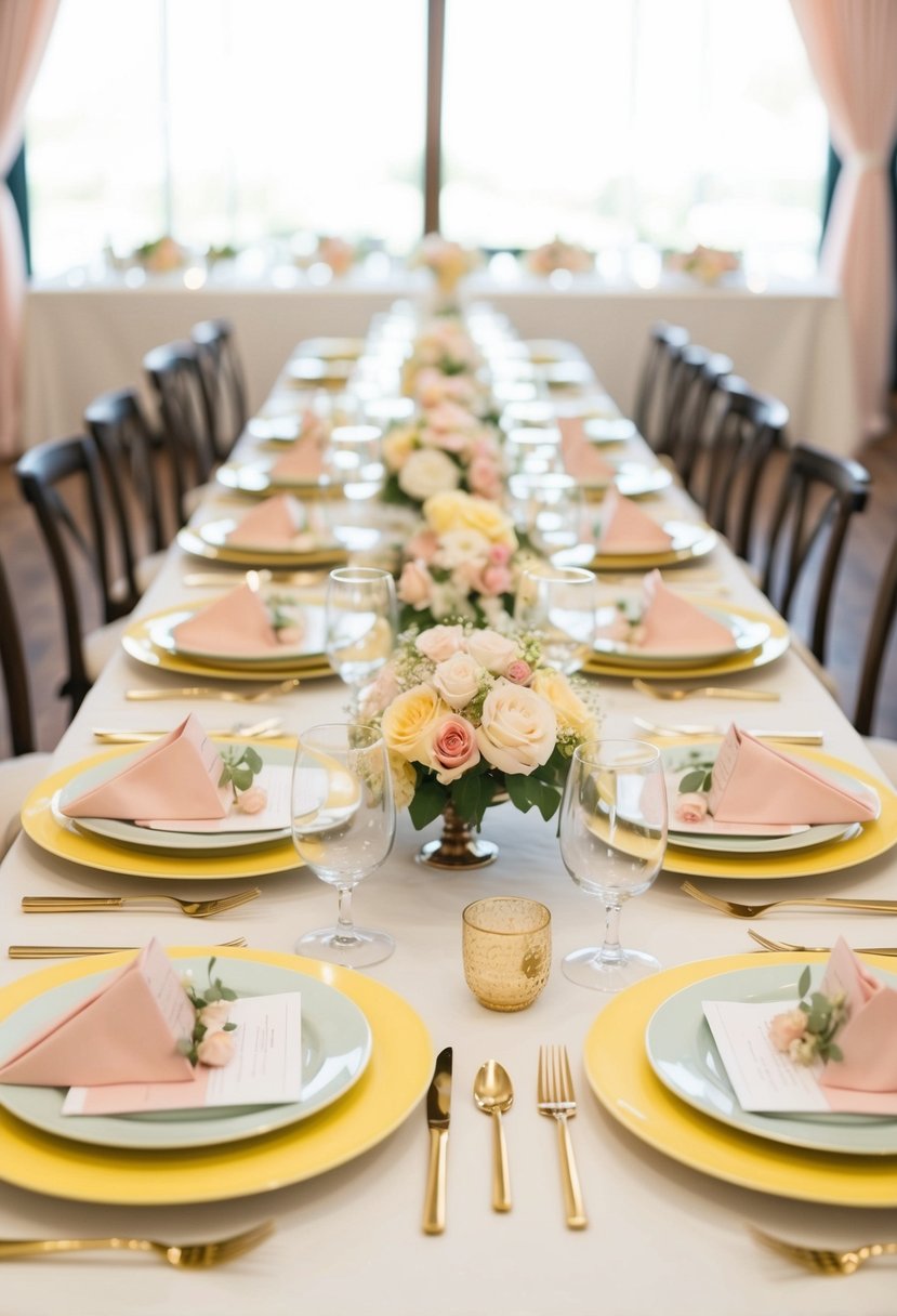 Tables set with light yellow chargers, adorned with pastel wedding decor