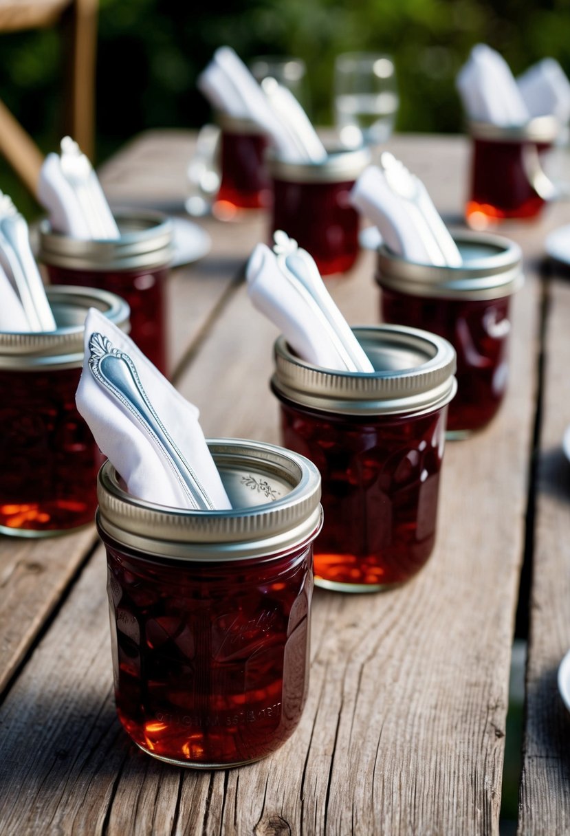 Jam jars filled with silverware and folded napkins arranged on a rustic wooden table for a wedding reception decoration