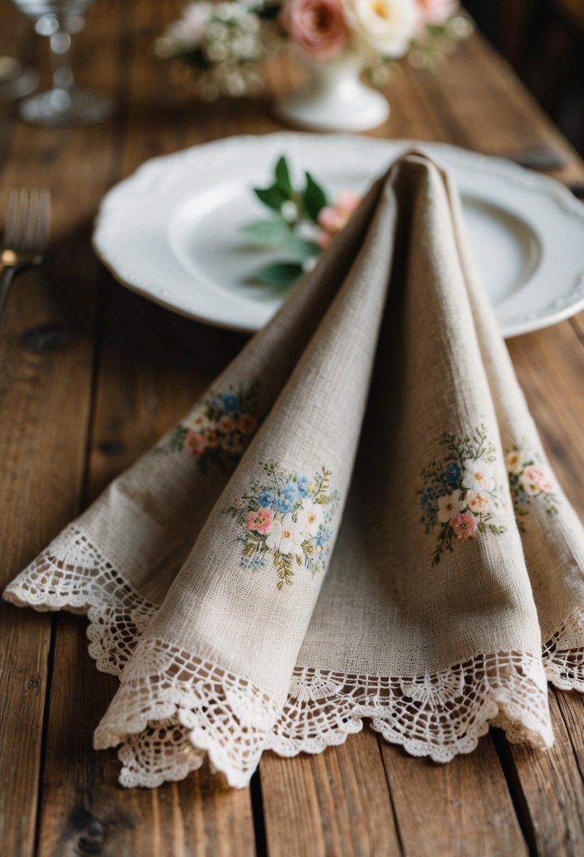 Rustic cloth napkins folded neatly on a wooden table, adorned with vintage floral accents and delicate lace trim