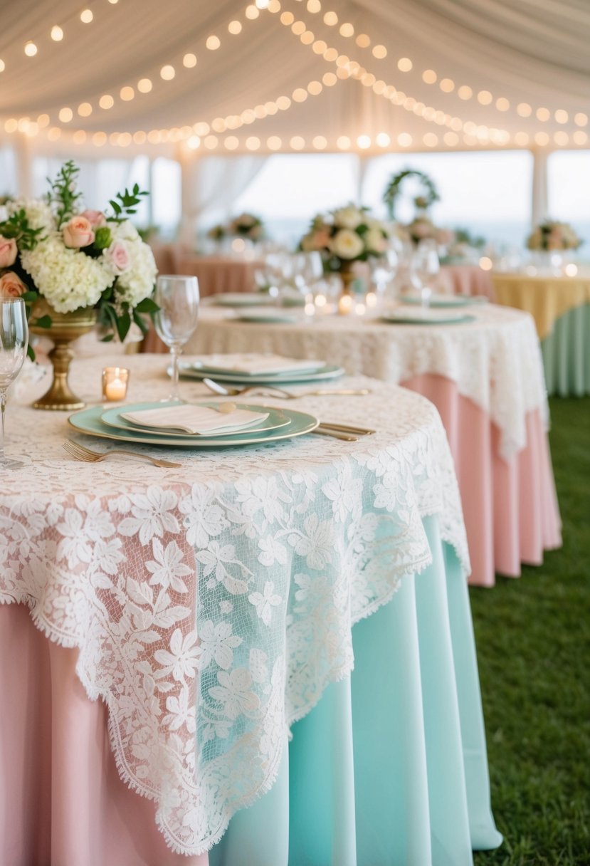 Ivory lace overlays draped over pastel table settings at a vintage-inspired wedding reception