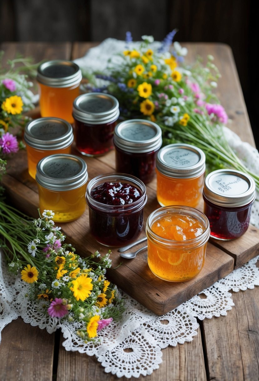 A rustic wooden table adorned with jam jars filled with colorful homemade preserves, surrounded by delicate lace and wildflower bouquets