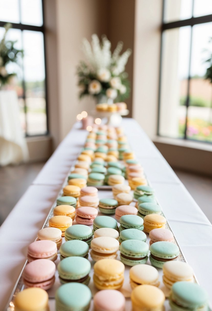 A table adorned with pastel-colored macarons arranged in a decorative display for a wedding reception