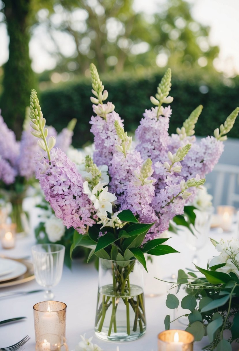 Lilac and white flowers fill the table, delicate petals and greenery creating a soft, romantic atmosphere