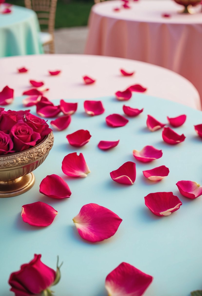 Rose petals scattered on pastel tables for a romantic wedding