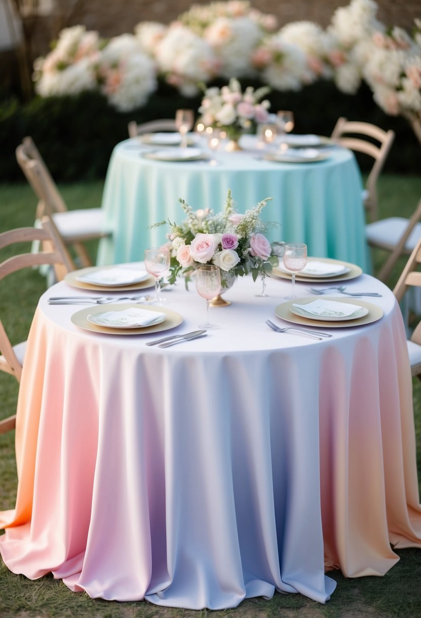 Pastel ombre tablecloths draped over tables with floral centerpieces and delicate place settings