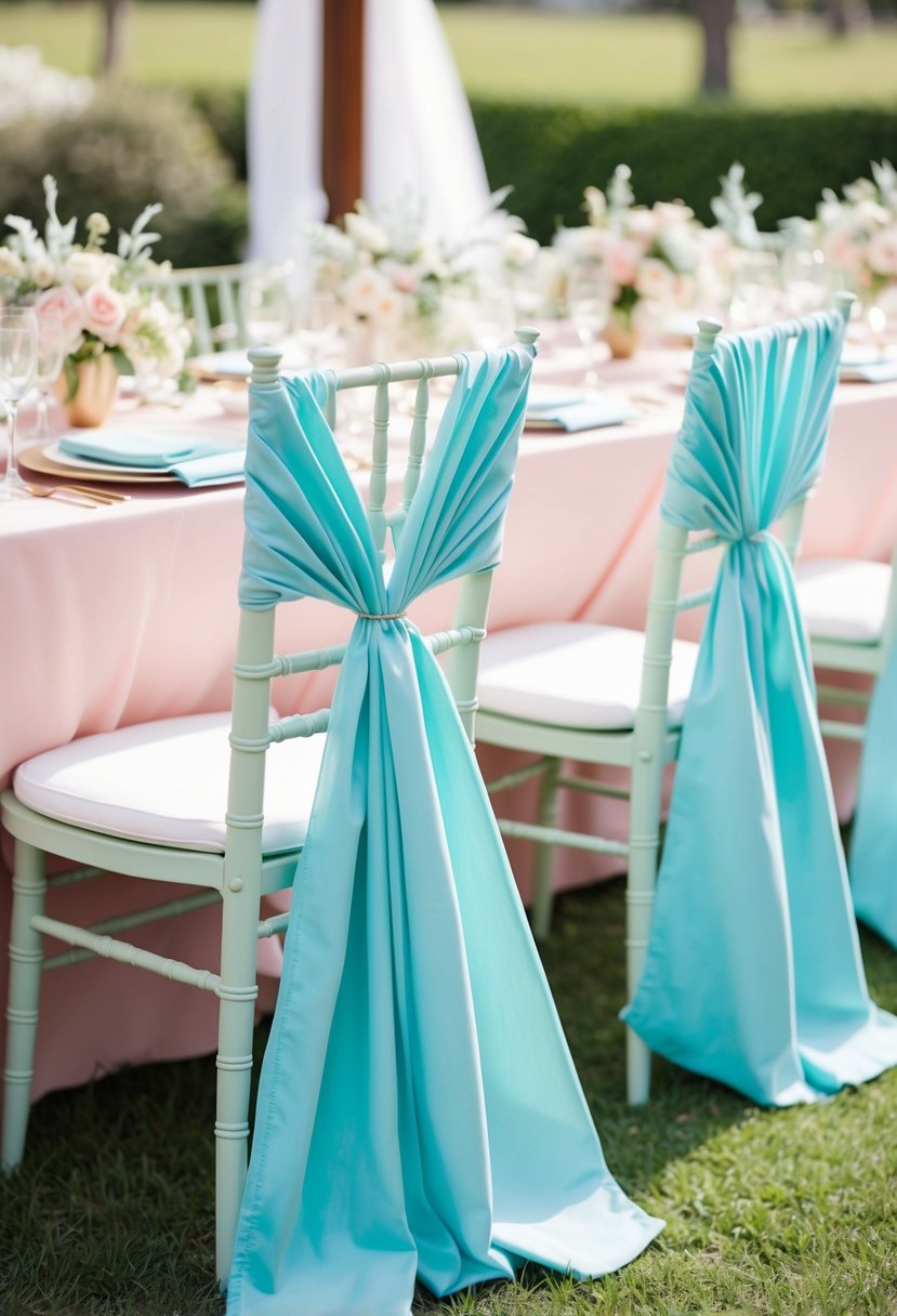 Seafoam chair covers draped over delicate chairs at a pastel wedding table with airy decorations