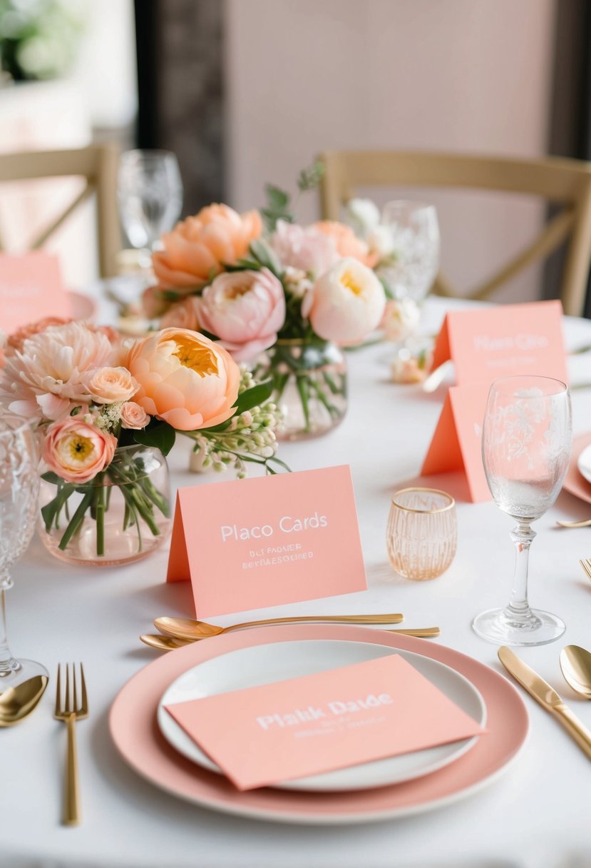 Coral pastel place cards arranged on a table with delicate floral centerpieces for a pastel wedding table decoration