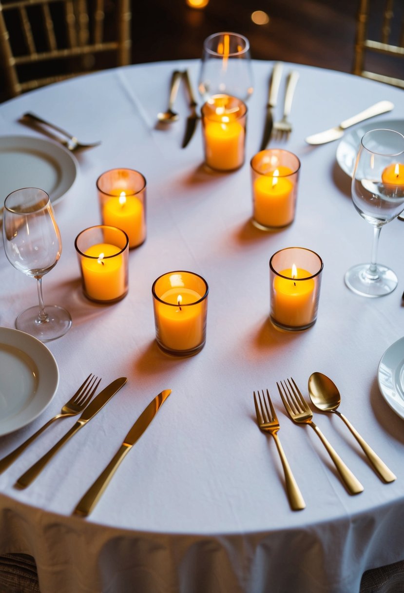 A round table with a white tablecloth adorned with several small candles in glass holders, creating a warm and romantic ambiance