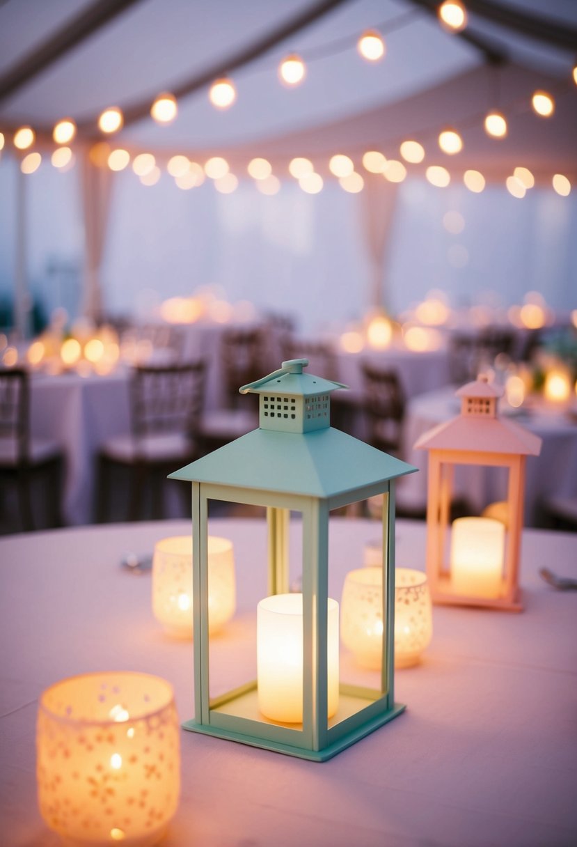 Small pastel lanterns adorn wedding tables in a soft, romantic glow