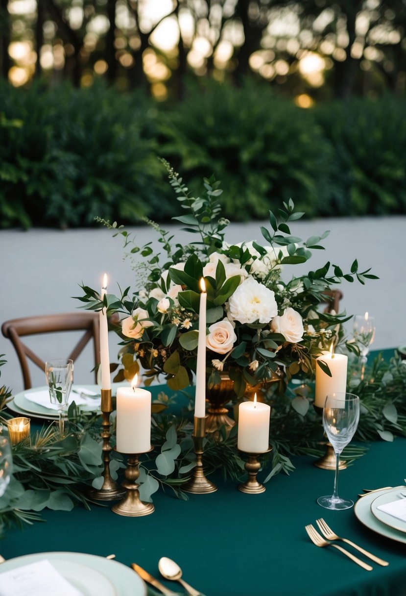 A dark green table adorned with foliage, candles, and elegant floral arrangements for a wedding celebration