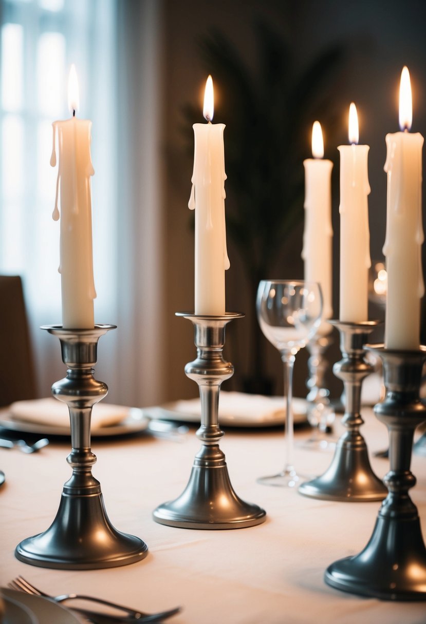 A table set with white taper candles in pewter holders, dripping wax