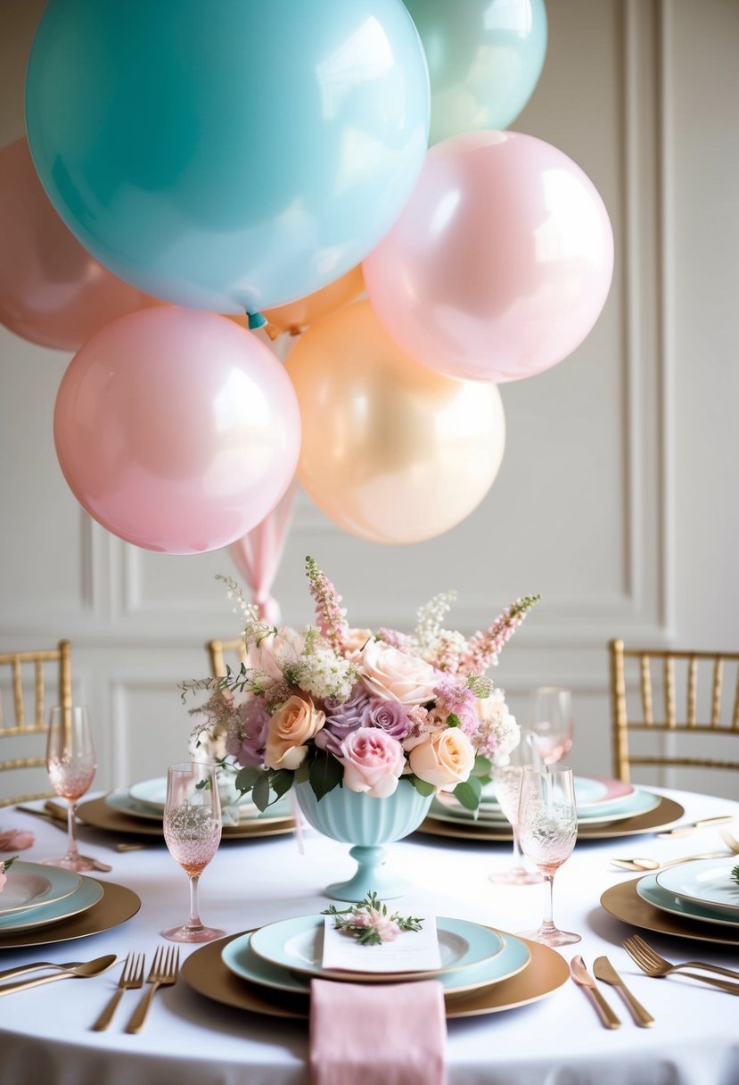 A table adorned with pastel-colored balloons, delicate flowers, and elegant tableware for a romantic pastel wedding celebration