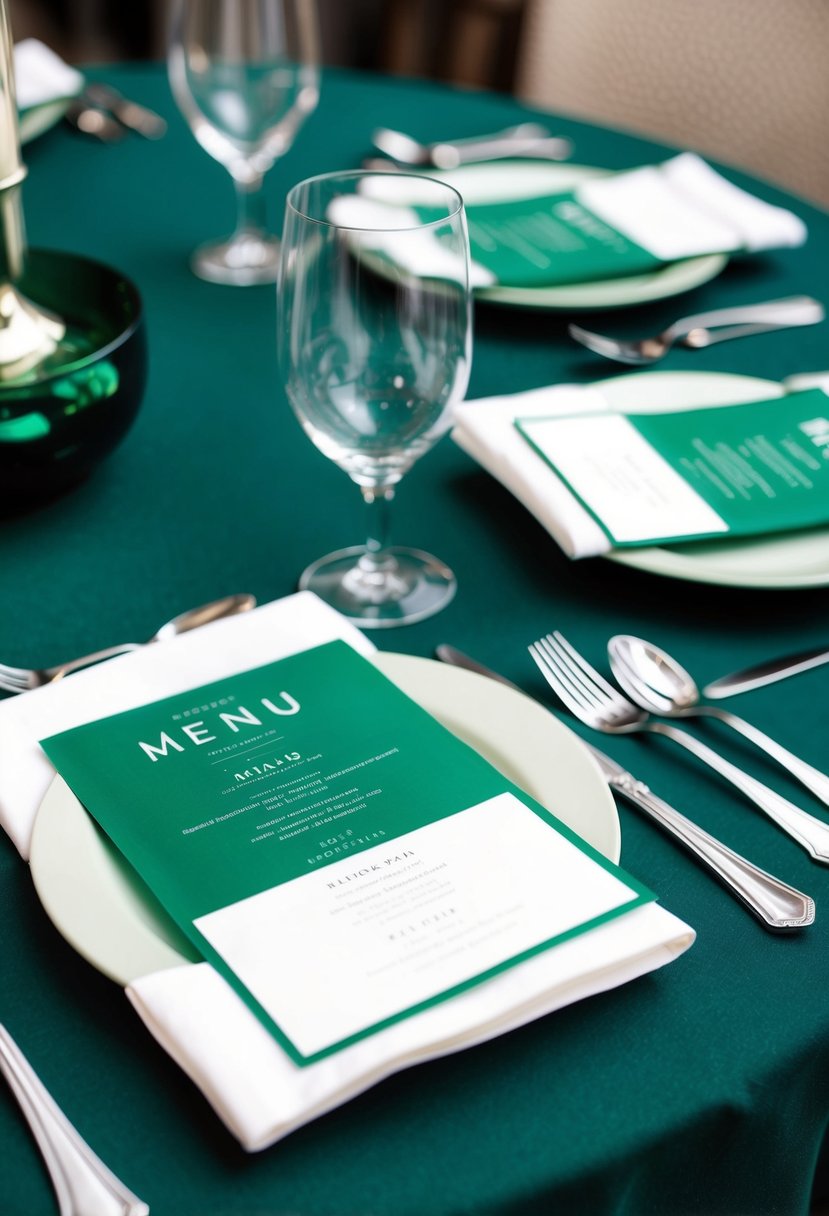 Emerald green menus lay on white napkins atop dark green table decor