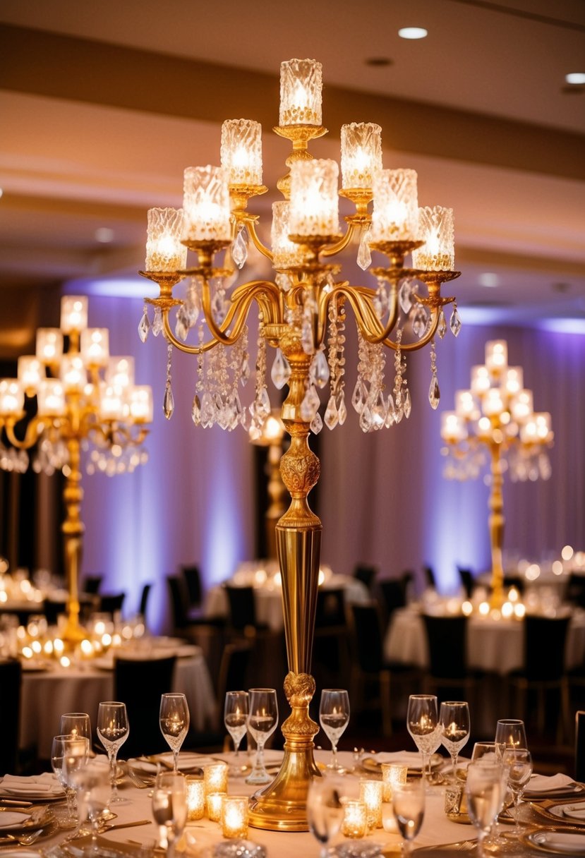 Golden candelabras adorned with hanging crystals illuminate a luxurious wedding table