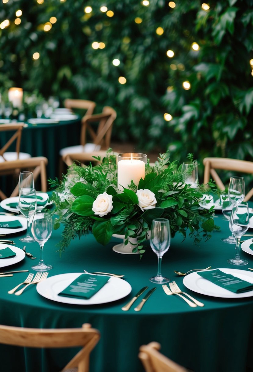 A table adorned with lush greenery centerpieces, creating a dark green wedding ambiance