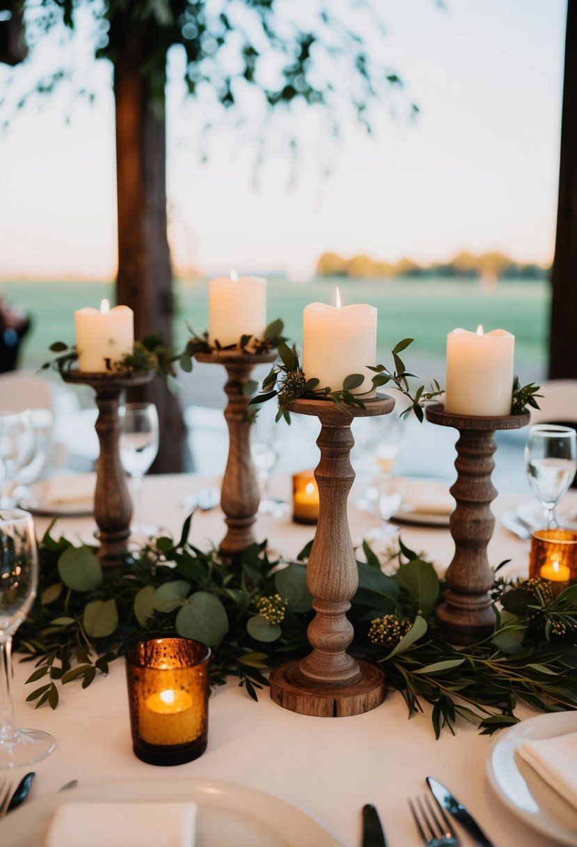 A table set with rustic wooden candle holders adorned with greenery for a wedding reception centerpiece