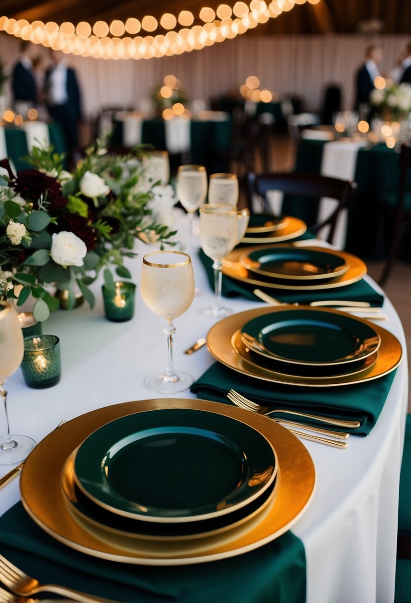 Dark green and gold place settings arranged on a wedding reception table