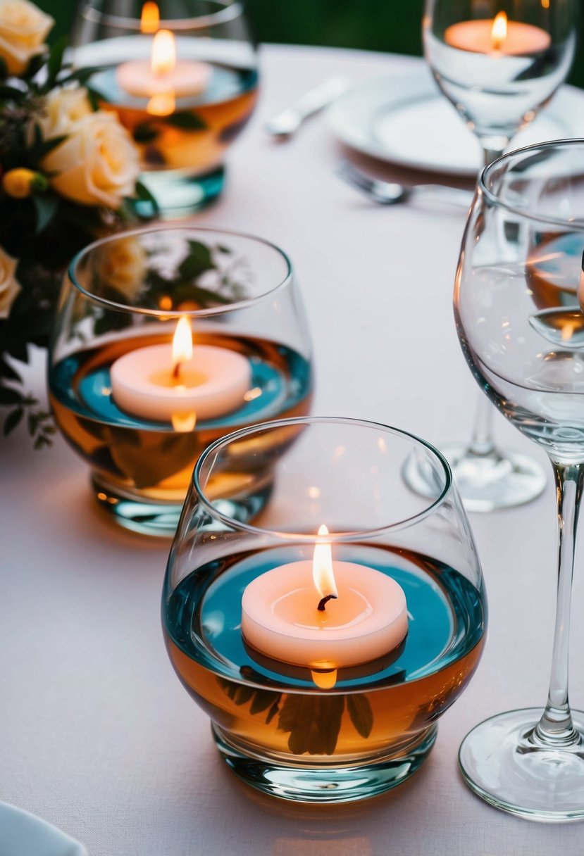 Glass bowls filled with water and floating candles, arranged as elegant wedding table decorations