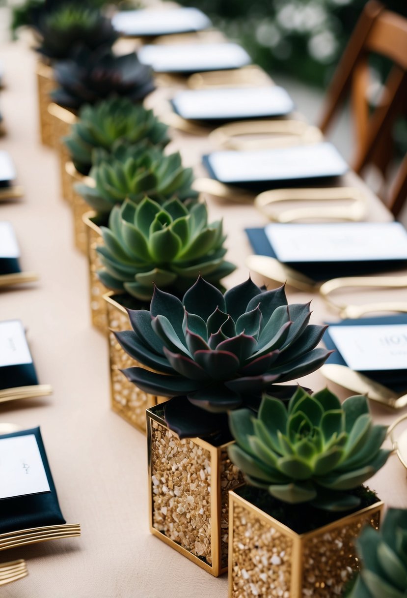 A table adorned with dark green succulent wedding favors, creating an elegant and natural wedding decoration