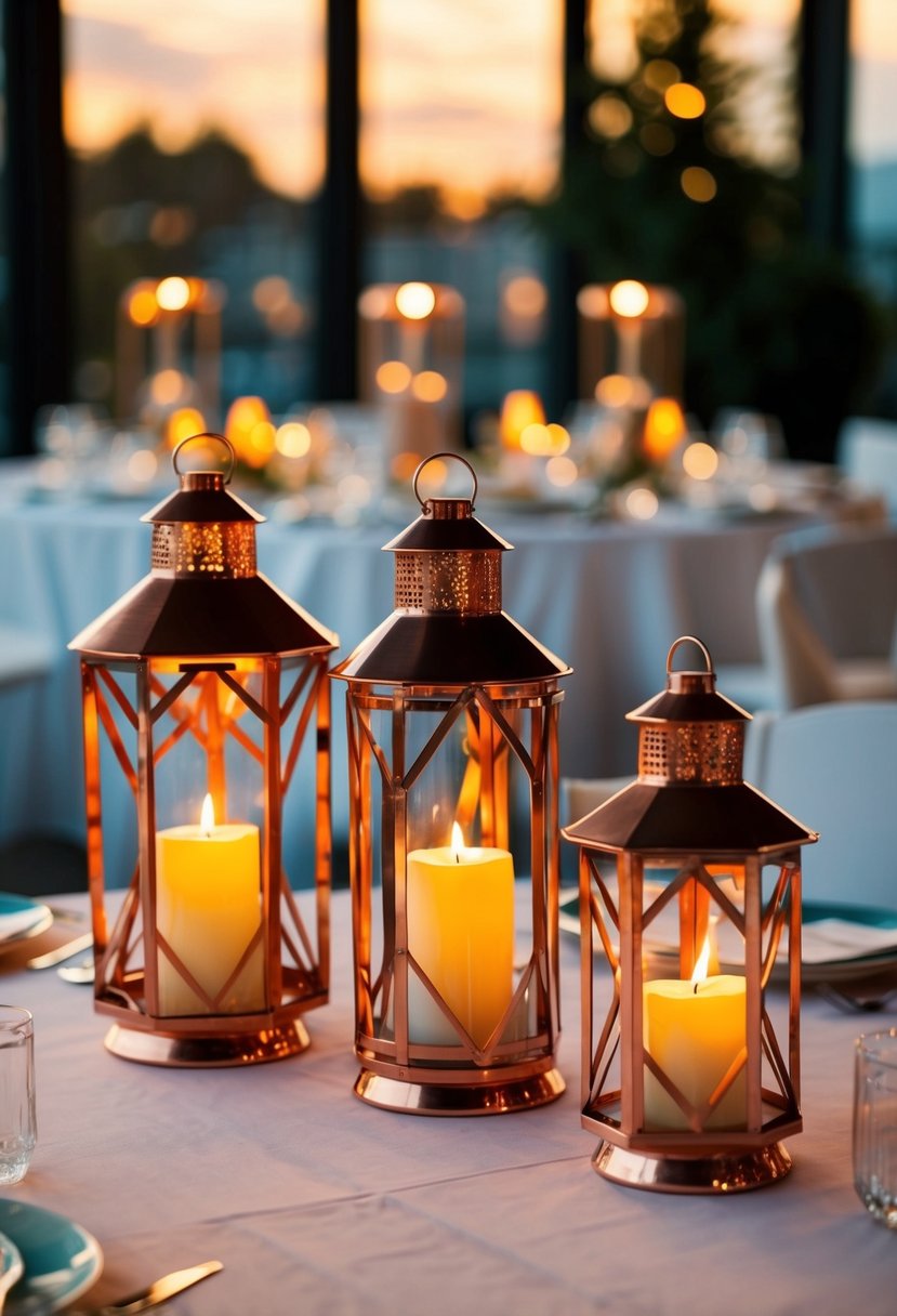 Three copper lanterns with geometric designs sit on a wedding table, each holding a glowing candle