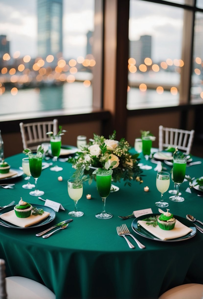 A dark green wedding table adorned with edible green drink decorations