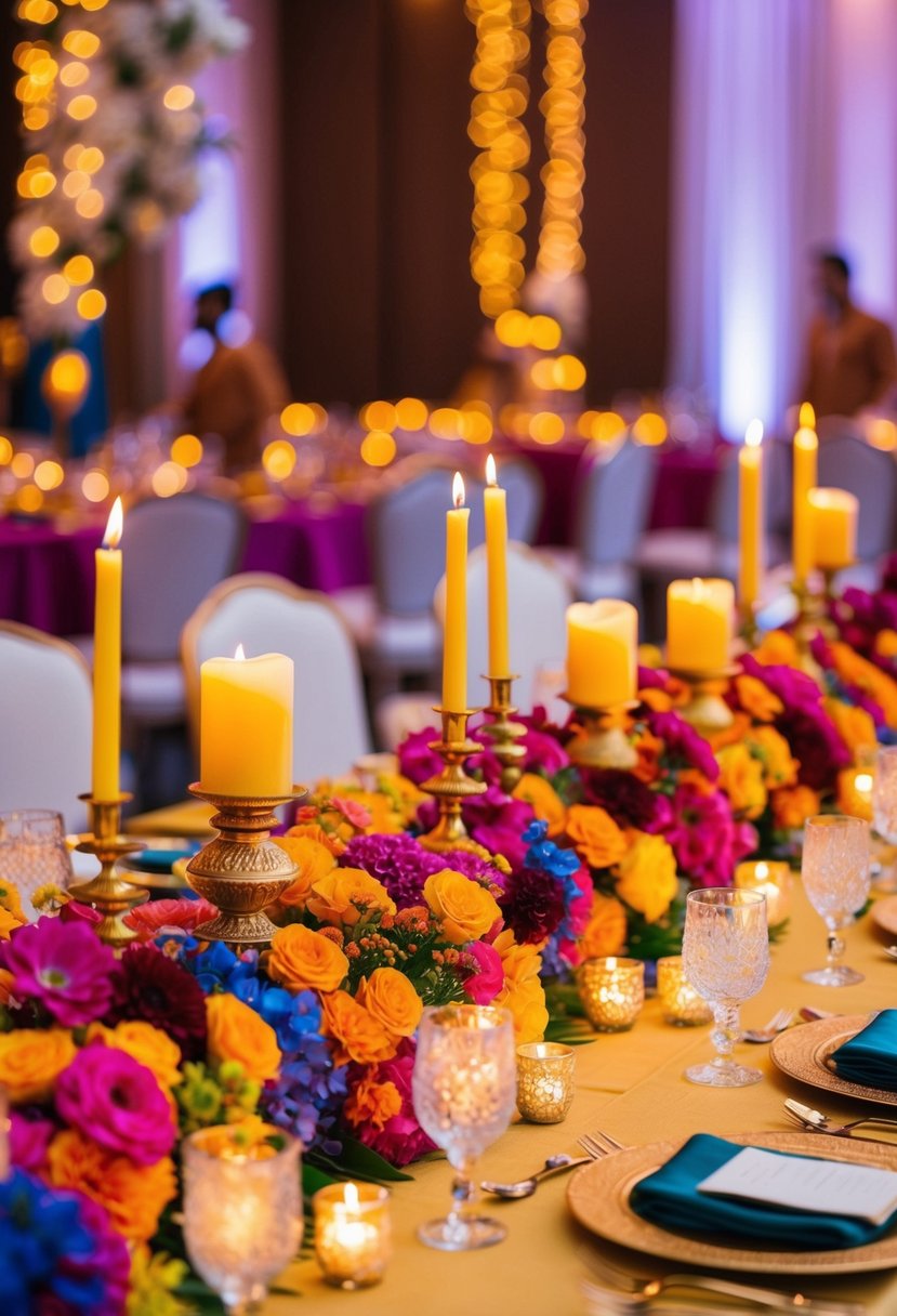 A vibrant table adorned with colorful flowers, intricate gold accents, and flickering candles, creating a luxurious and festive atmosphere for an Indian wedding celebration