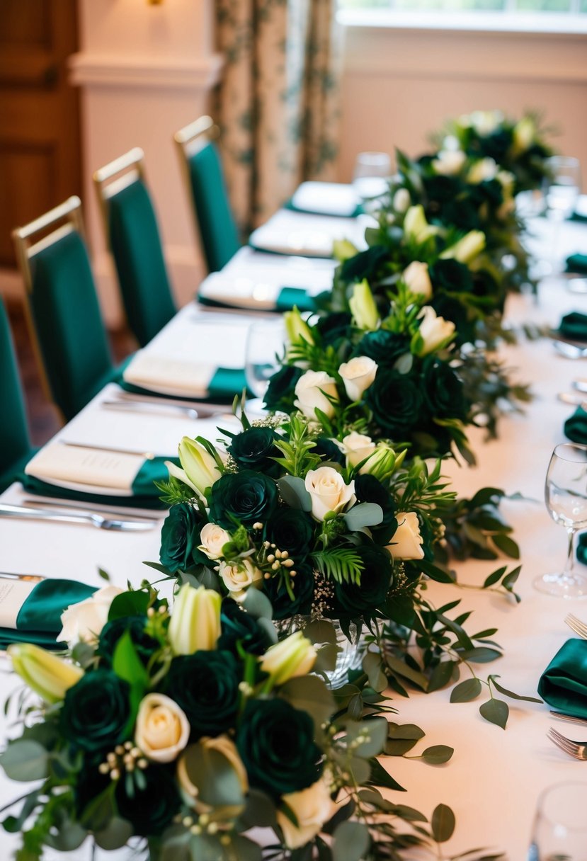 Dark green bridesmaid bouquets arranged on wedding tables, surrounded by matching foliage and elegant decor