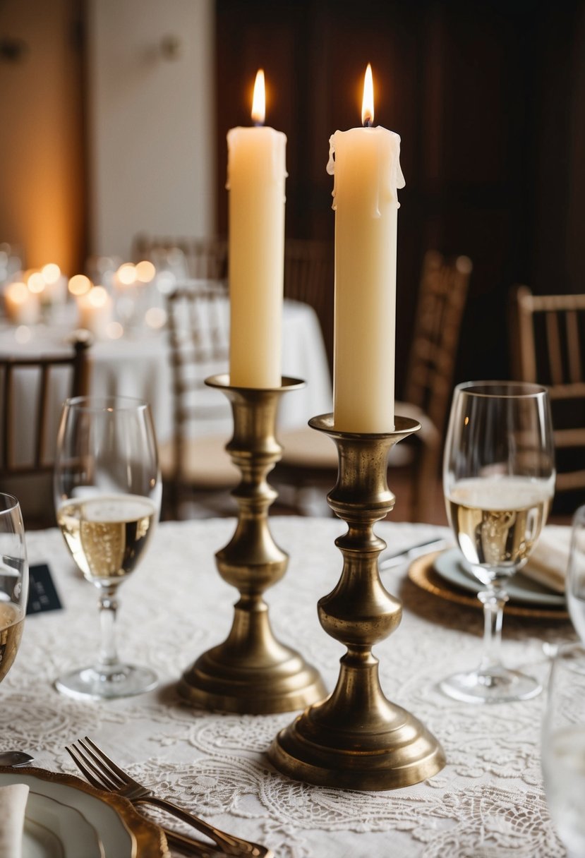 Two vintage brass candlesticks on a lace-covered wedding table, adorned with lit candles