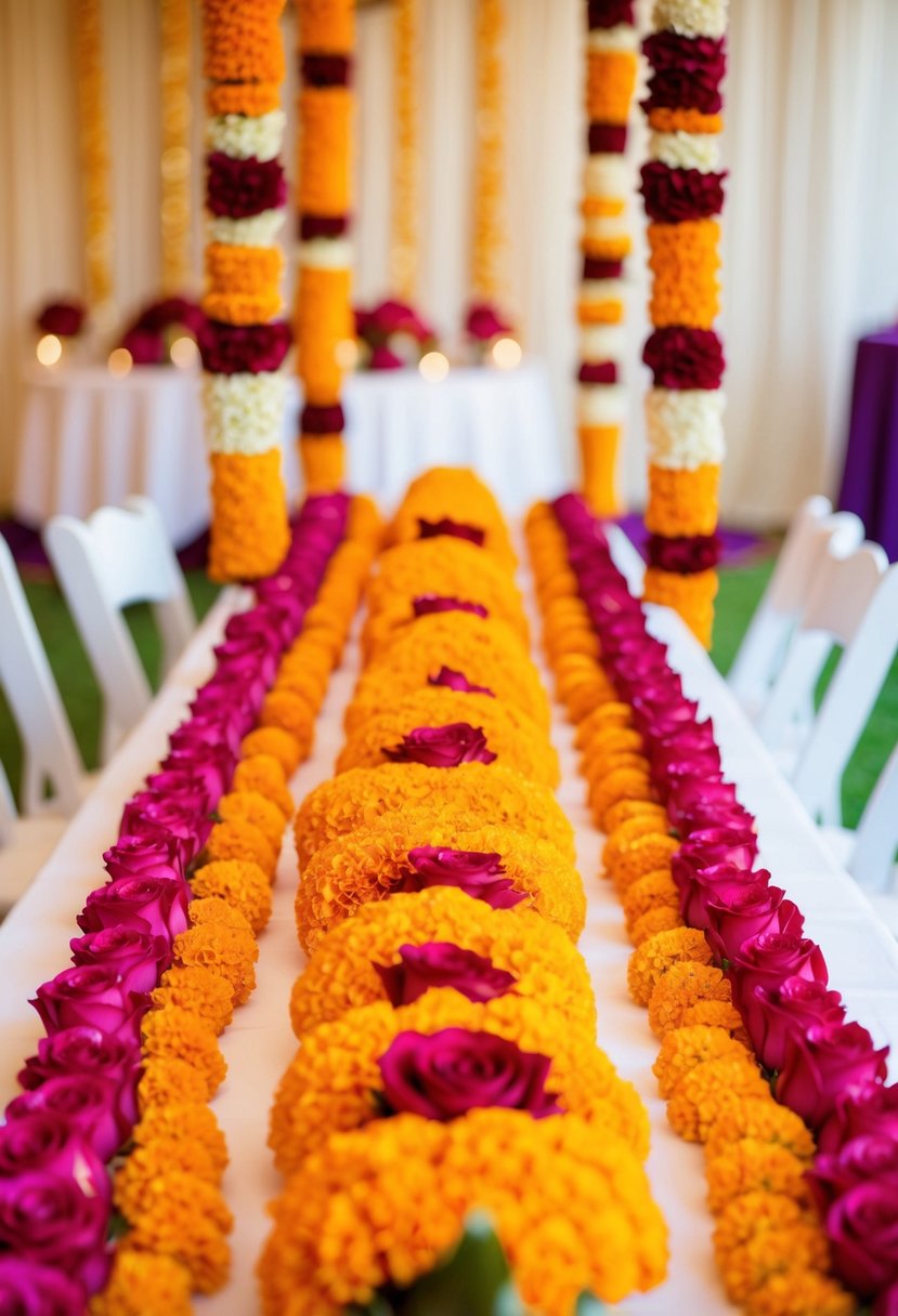 A table adorned with vibrant marigold and rose garlands, creating a colorful and festive Indian wedding decoration