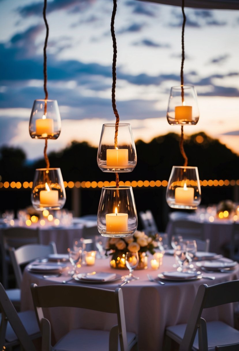 Glass tealight holders hanging from above, illuminating a wedding table with a warm glow