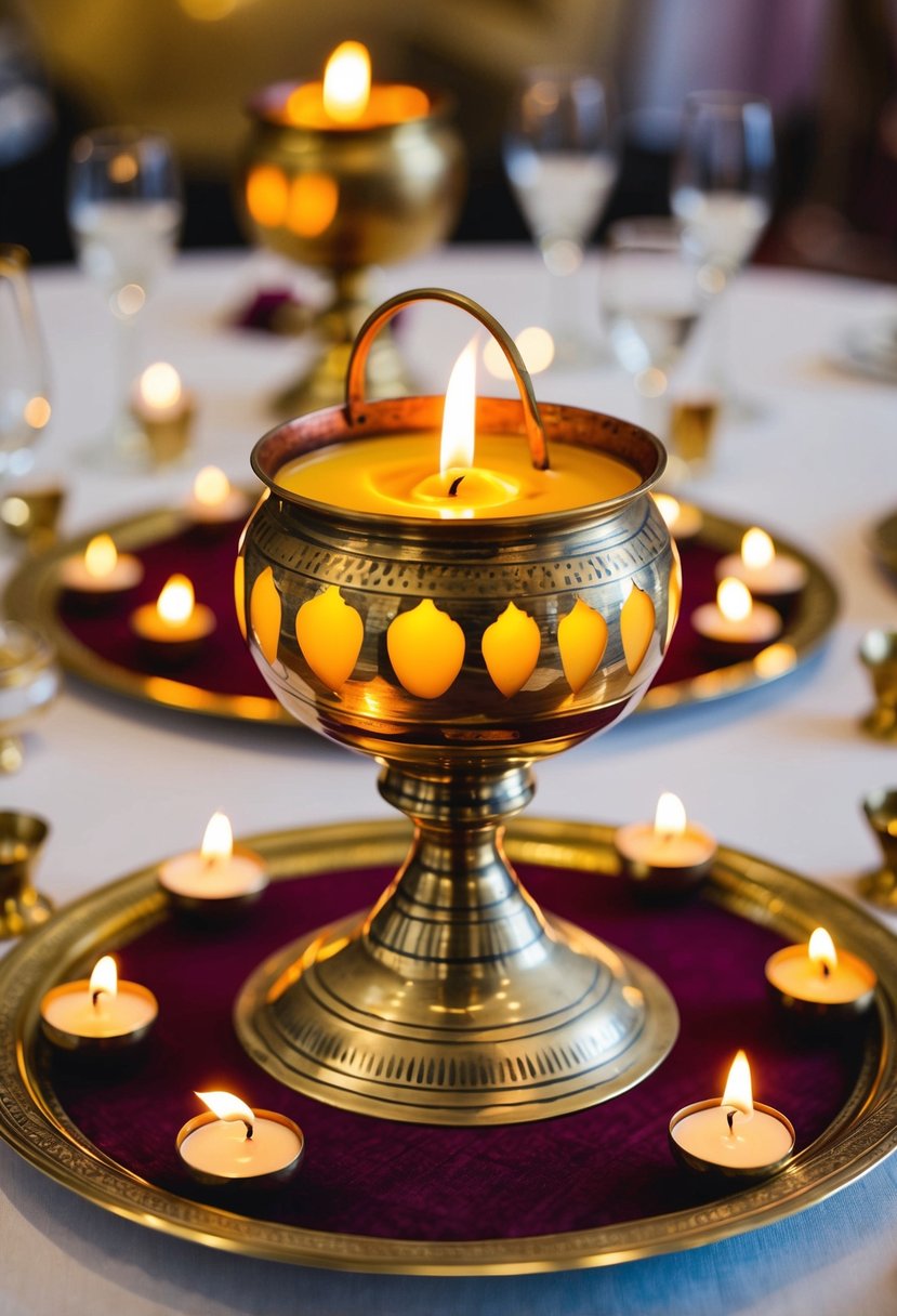 A brass urli filled with floating candles, surrounded by smaller candle holders, adorns an Indian wedding table