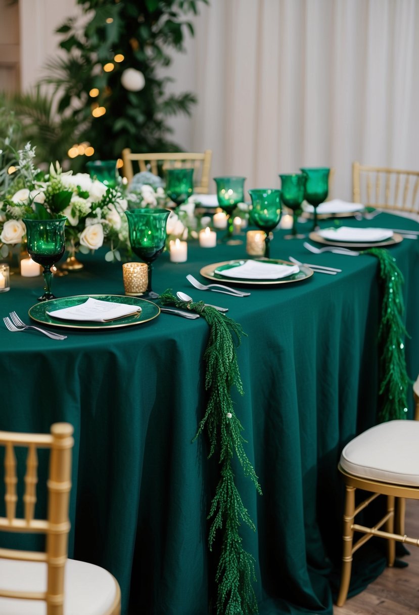 A dark green linen tablecloth adorned with mystical green accents, surrounded by elegant wedding decorations