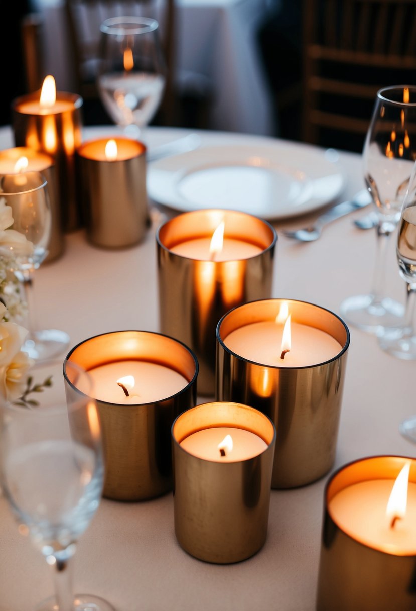 A cluster of mixed metallic candles arranged as a wedding table decoration