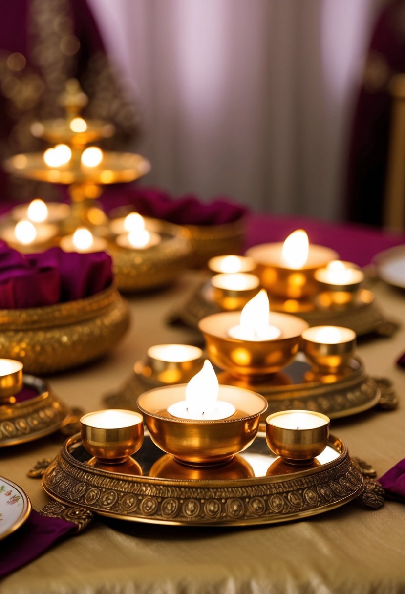 Golden tea light holders arranged on an ornate Indian wedding table