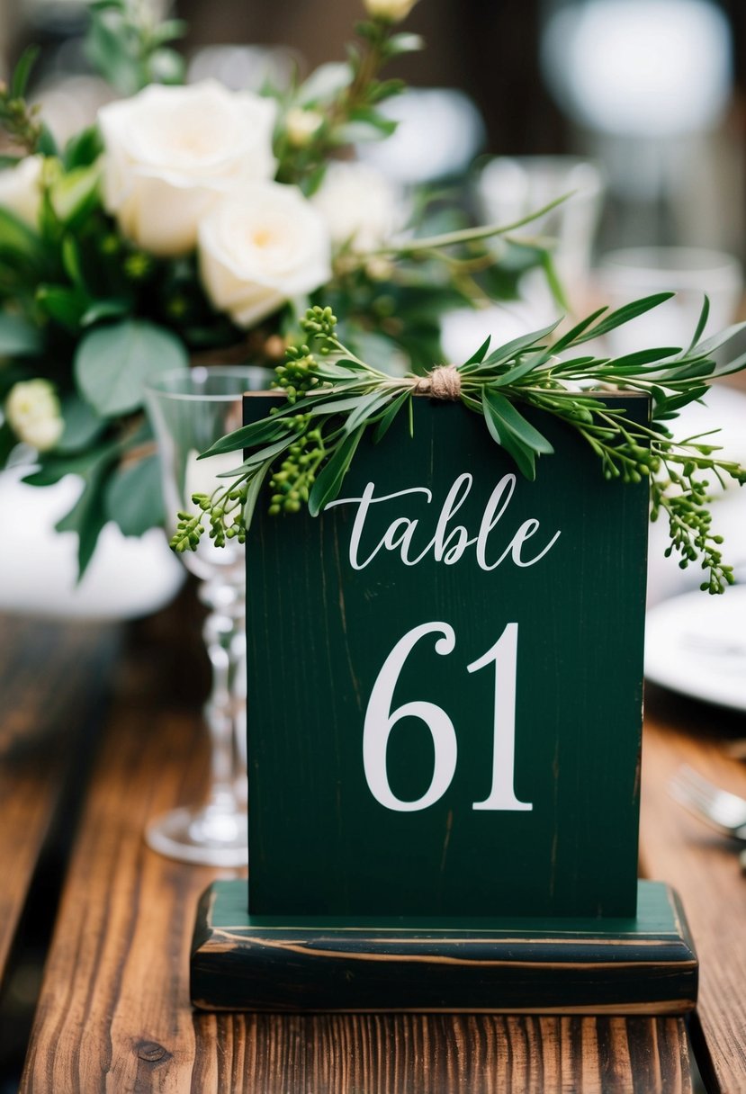 A dark green wooden table number with rustic greenery centerpiece