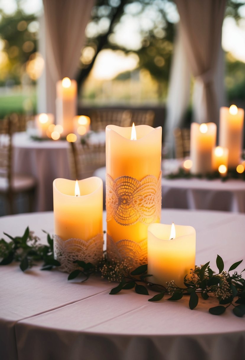 Lace-wrapped candles glow softly atop a wedding table, casting a romantic ambiance