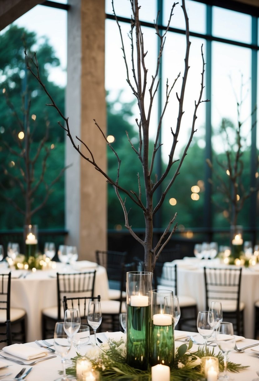 Tall, dark green branch centerpieces adorn wedding tables, adding a natural and elegant touch to the decor