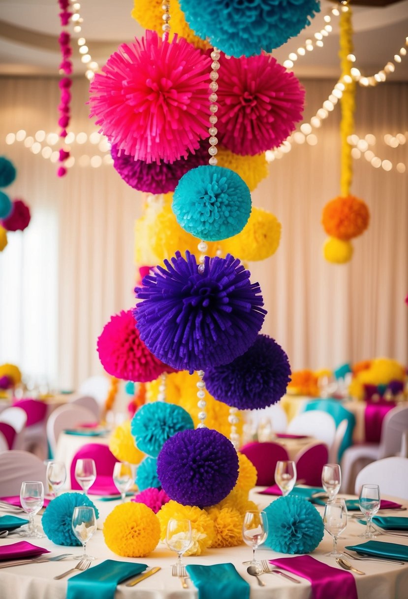 Vibrant pom pom decorations adorn an Indian wedding table, adding a burst of color and festive charm to the celebration