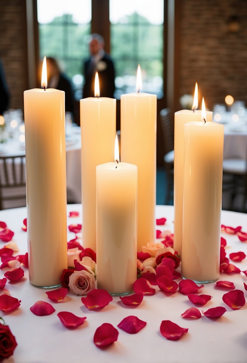 Tall pillar candles surrounded by scattered rose petals on a wedding table