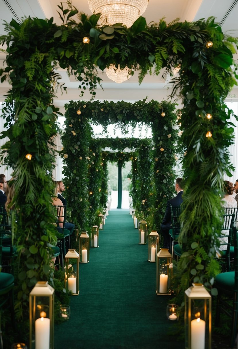 A lush greenery-covered wedding aisle with dark green table decorations