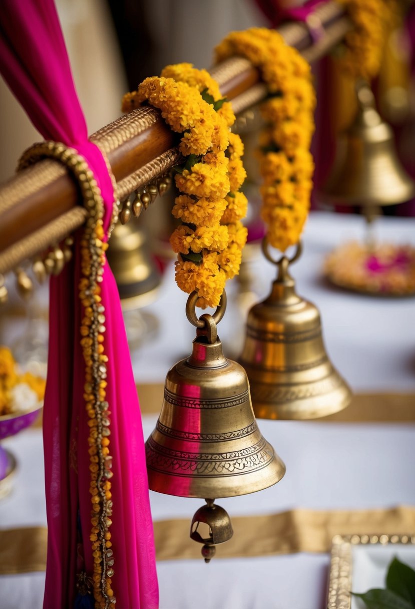 Brass bells hang from vibrant fabric, adorning an ornate Indian wedding table