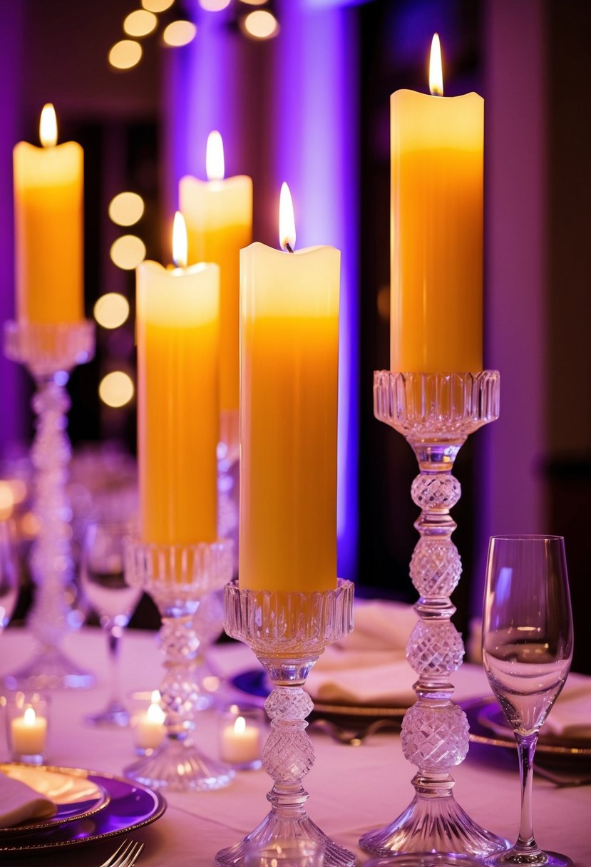 Vibrant taper candles in crystal holders illuminate a wedding table, casting a warm and romantic glow