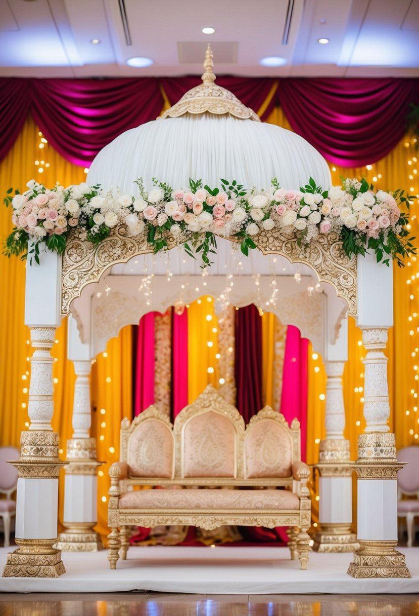 An ornate white and gold mandap adorned with intricate floral and paisley designs, set against a backdrop of richly colored fabrics and twinkling fairy lights