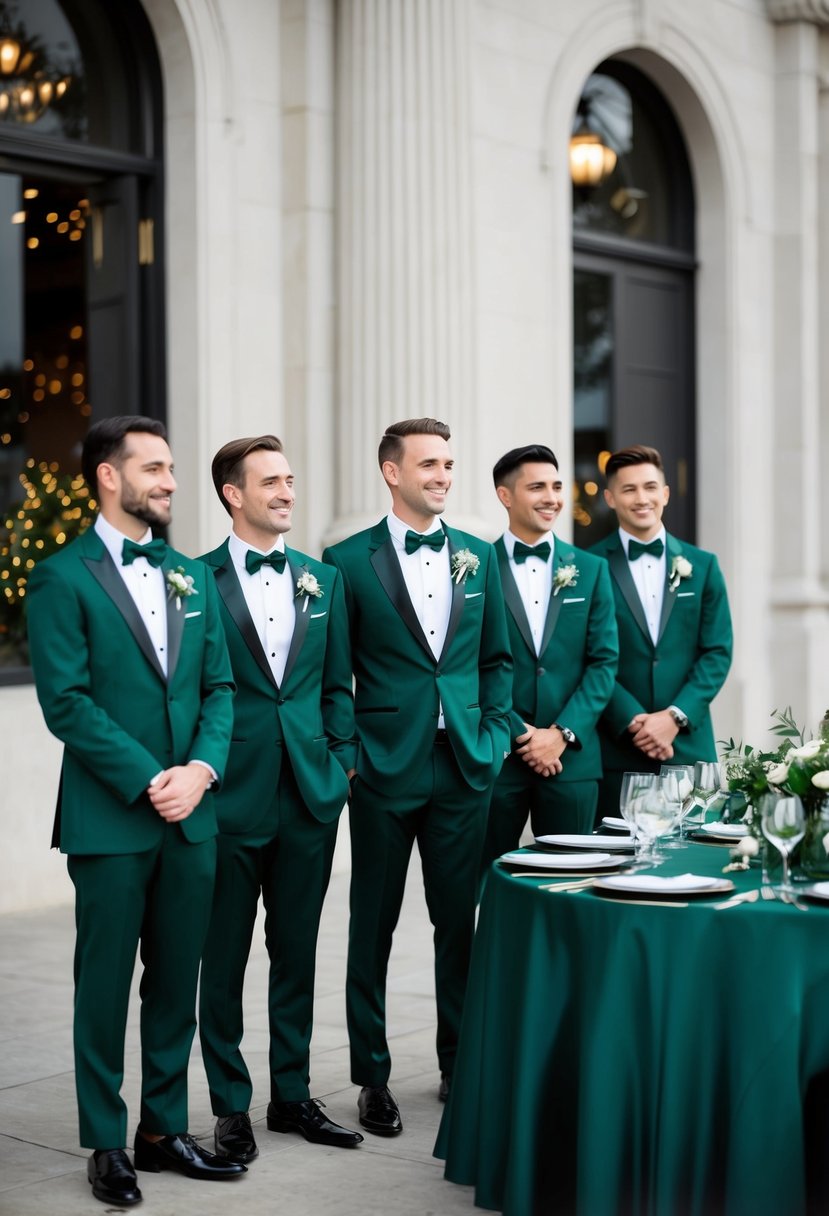 Dark green tuxedos stand beside a table adorned with dark green wedding decorations