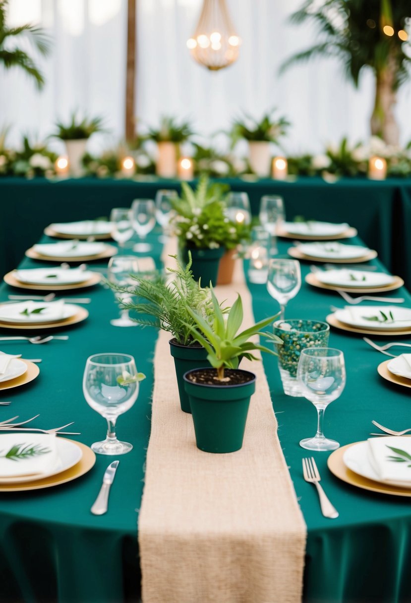 A dark green wedding table adorned with eco-friendly decorations like potted plants, recycled glass vases, and natural fiber table runners