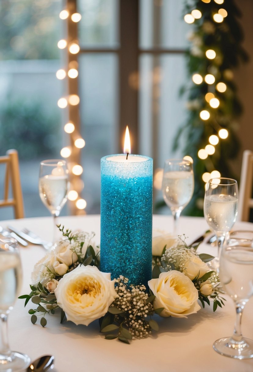 An aqua blue glittery unity candle stands as a wedding table centerpiece, surrounded by delicate flowers and sparkling fairy lights