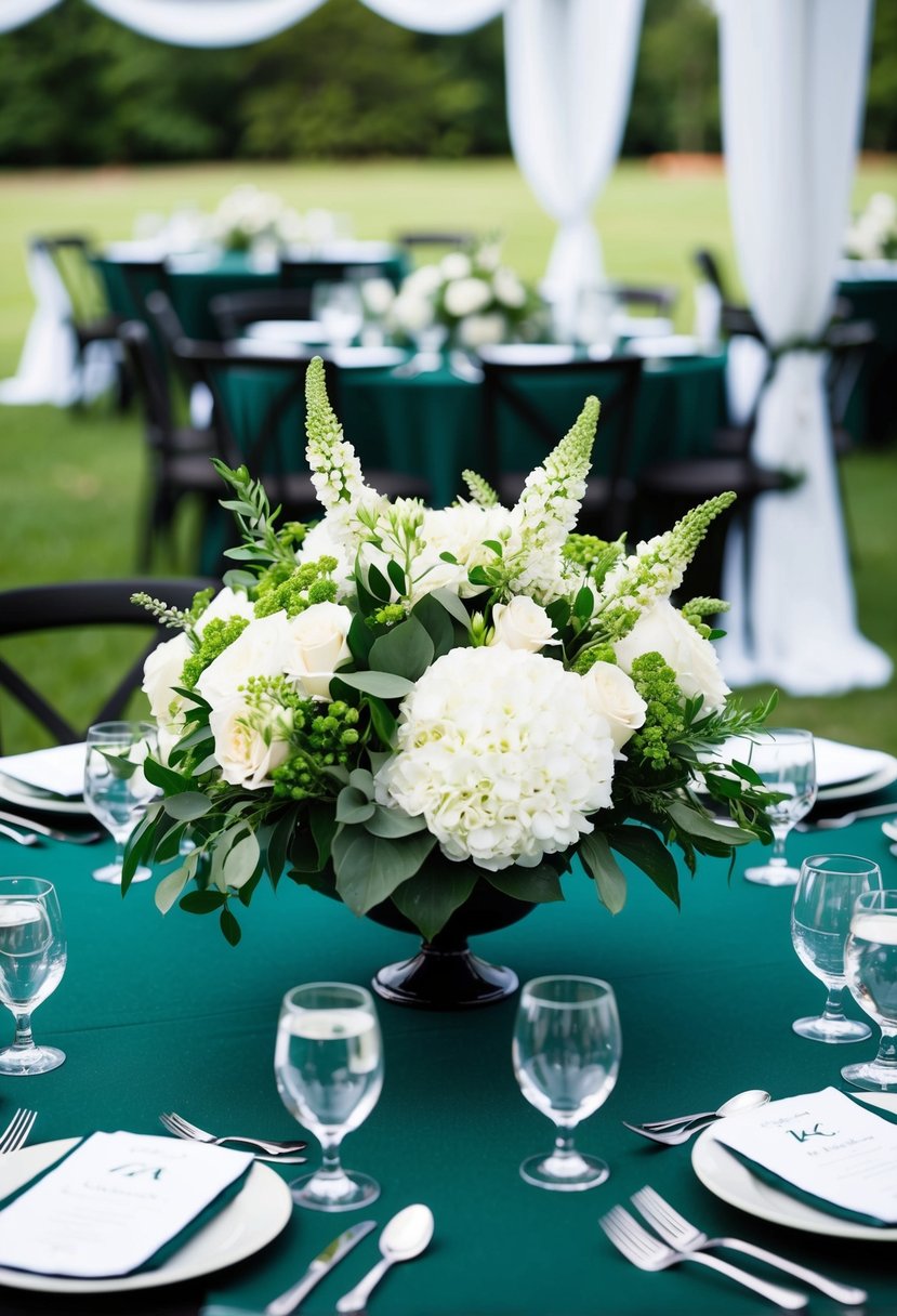 A white and green floral arrangement sits as a centerpiece on a dark green wedding table