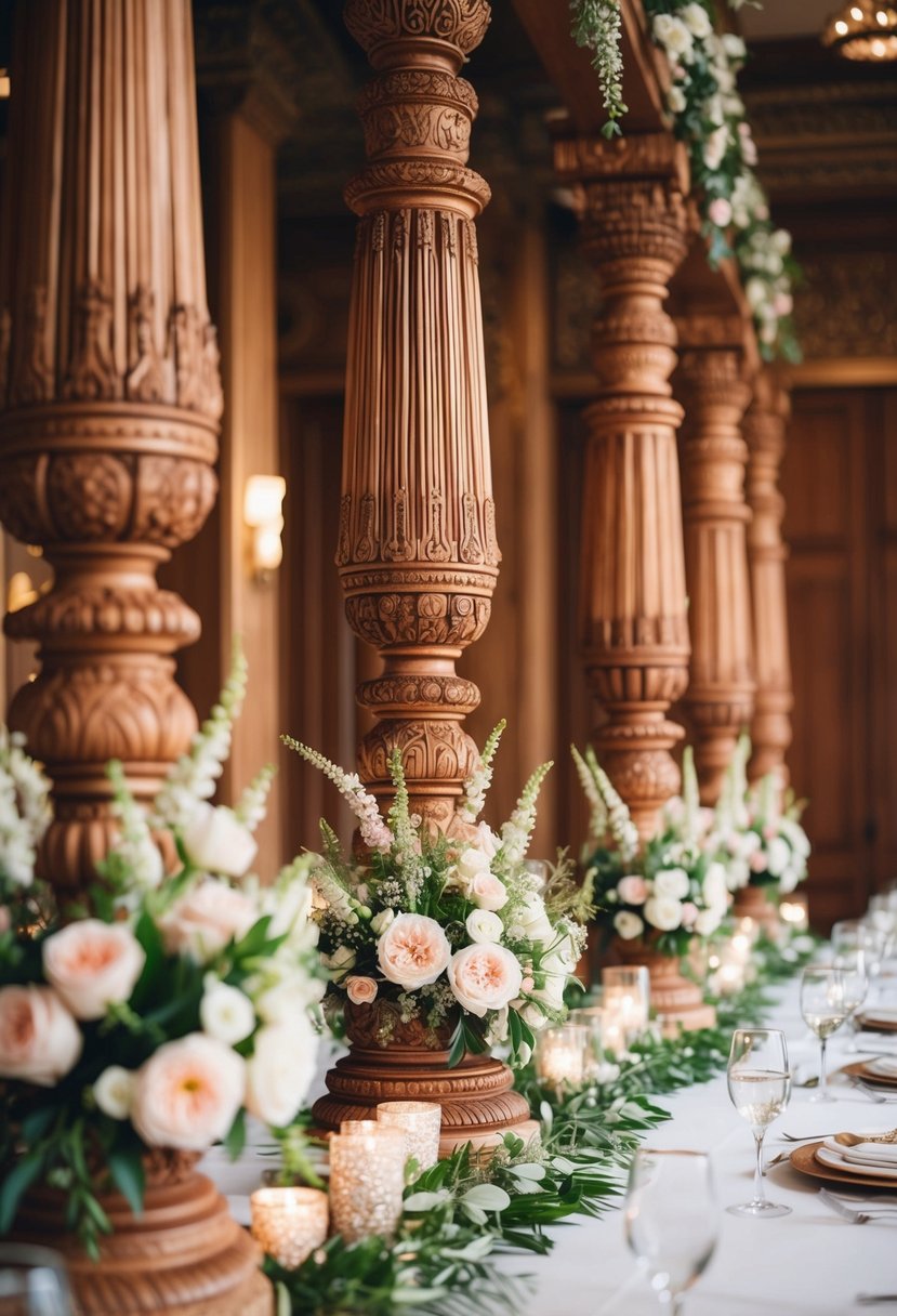 Elaborate wooden pillars adorned with intricate carvings and delicate floral arrangements, creating a stunning Indian wedding table decoration