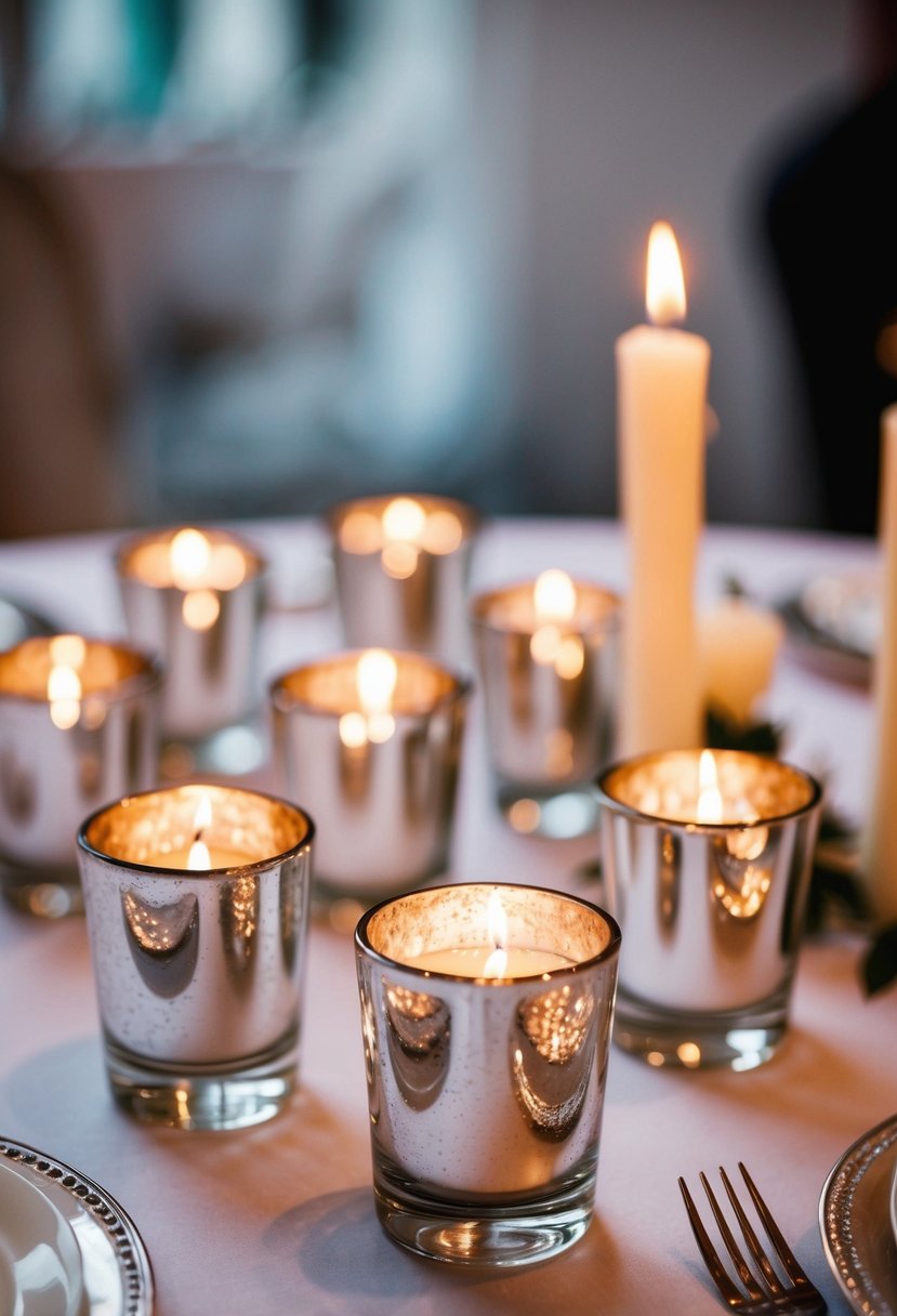 Silver mercury glass votives arranged as wedding table decorations with lit candles